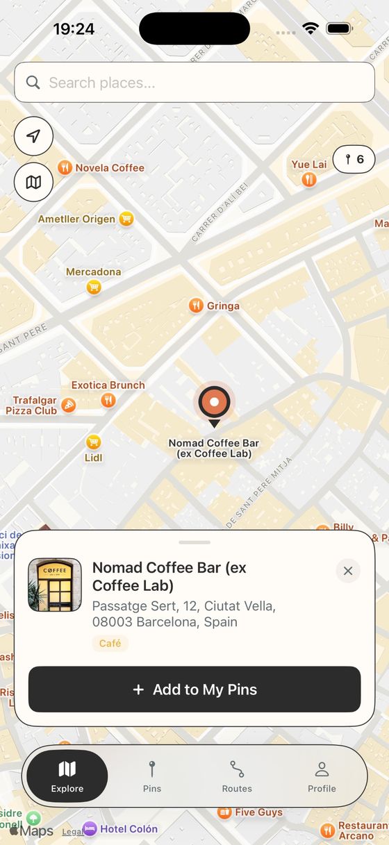 tackd place detail card showing Nomad Coffee Bar with photo