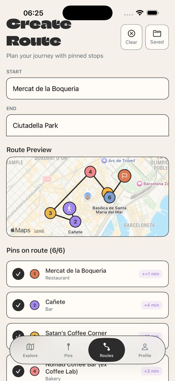 tackd route view showing optimised walking route through Barcelona